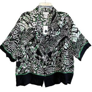 Anna Maxwell Crepon Jacket Topper Button Up Green Black White Size 2X